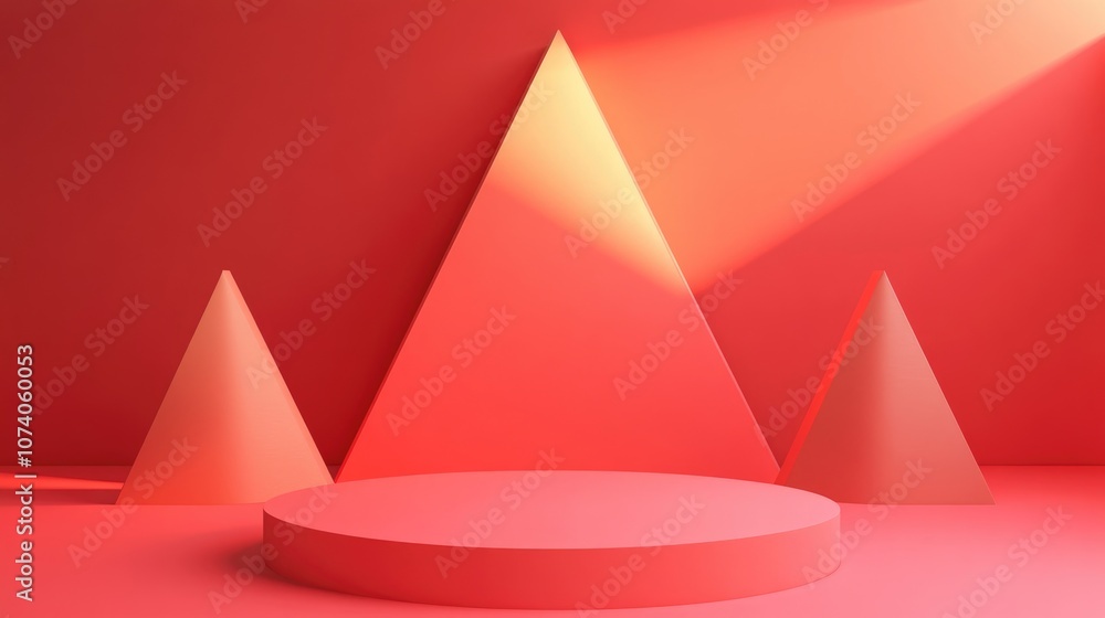 Poster geometric shapes podium display featuring triangles and cylinders on a red background minimalist mod