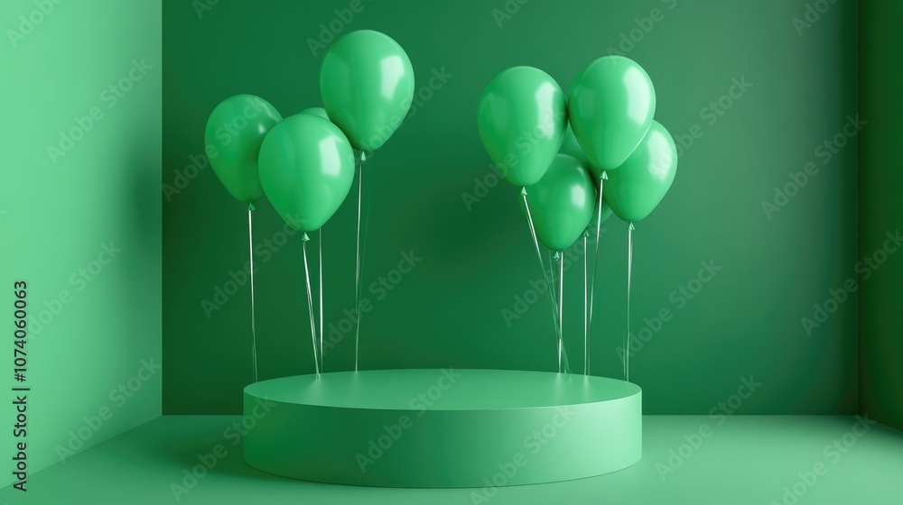 Poster 3d render of a podium with balloons on a green backdrop for product presentation