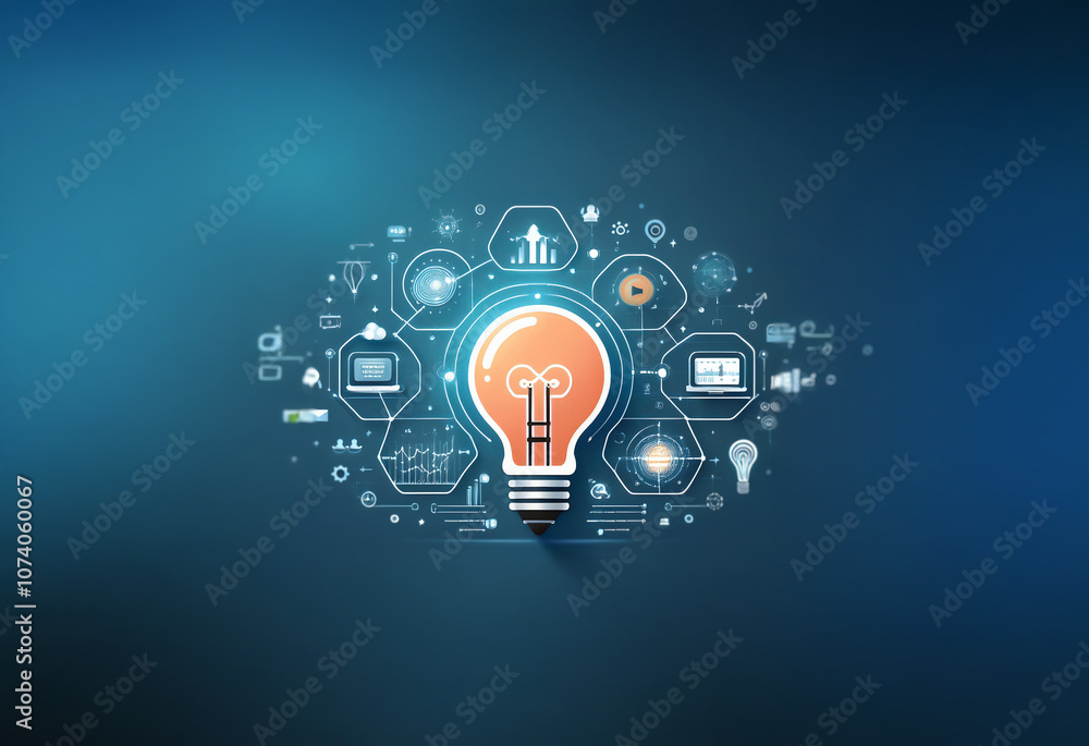 Poster a glowing light bulb sits in the center of a blue background surrounded by white hexagonal icons rep