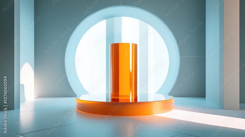 Poster 3D render of a circular and glass backdrop featuring a transparent orange cylinder podium within a square