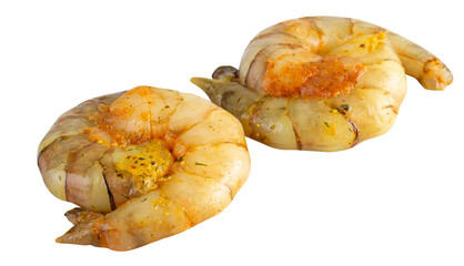 Fresh shrimp marinated in sauce cut out isolated transparent background