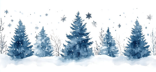 Fototapeta premium row of Christmas tree on white background, watercolor style