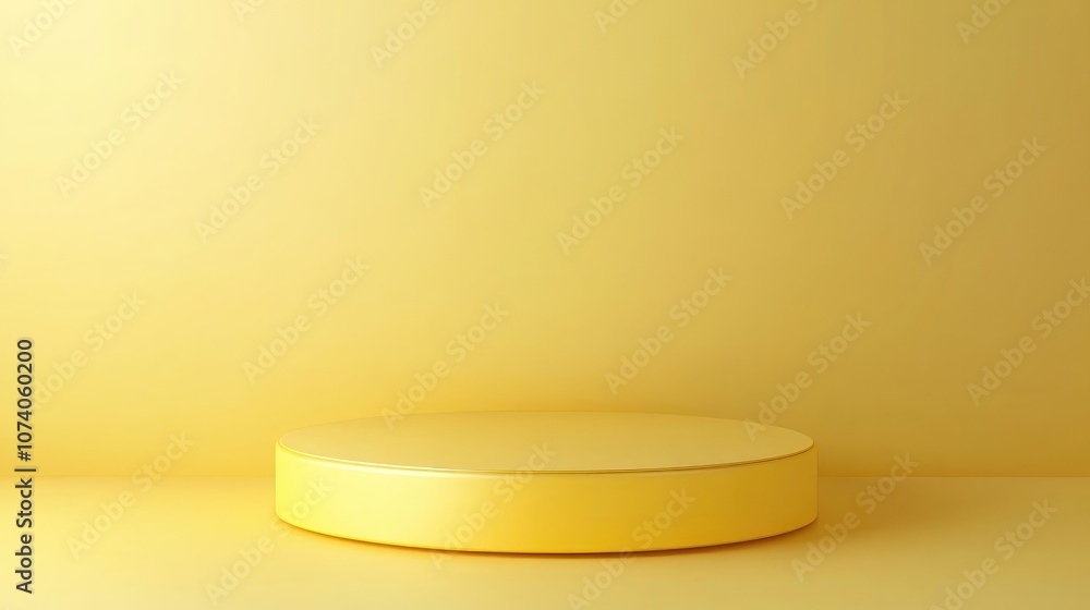 Poster Bright neon yellow 3D rendering of a flat lay product display cylinder podium serving as a minimal and luxurious backdrop with golden accents