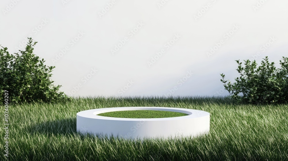 Poster Fantasy 3D rendering of a circular podium on a grassy field featuring a round soil mockup cross section in a blank white space