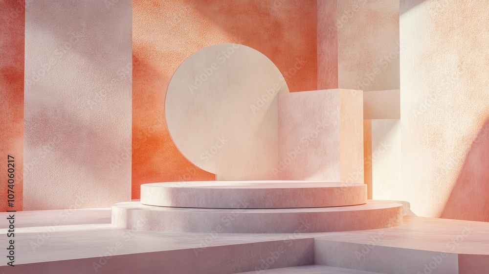Poster Podium or platform in an abstract setting Minimalistic scene featuring a podium alongside geometric shapes 3D rendering illustration of abstract geometry