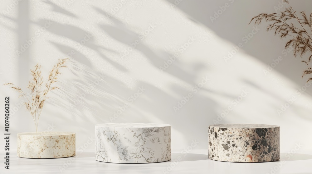 Aufkleber Luxury marble cylinder podium with terrazzo and stone set against a white wall background featuring shadow Minimalistic scene for product showcase and presentation 3D rendering