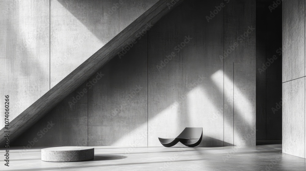 Poster 3d rendering of an architectural interior featuring a concrete wall and geometric shapes