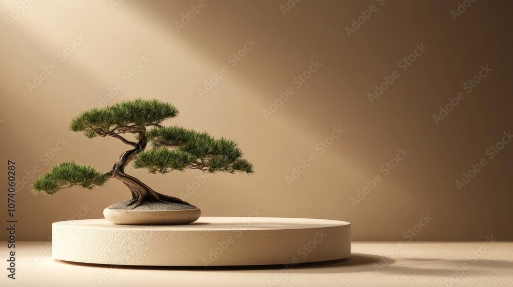 Aufkleber Minimalist abstract background featuring a podium and a bonsai tree against a brown backdrop ideal for product display 3D rendering illustration