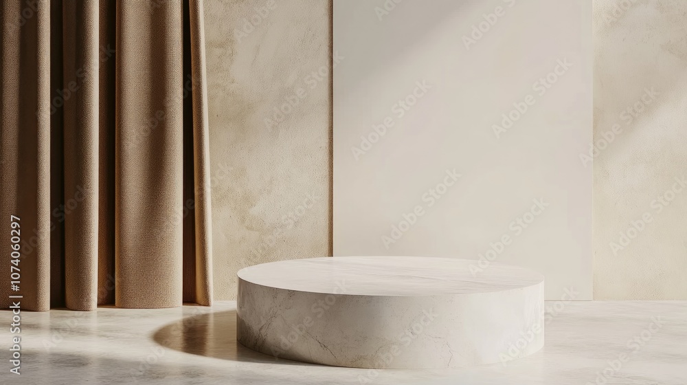 Poster 3D rendering of a pedestal and showcase in an abstract minimal style featuring a blank space and a clean simple design suitable for a minimalist mockup