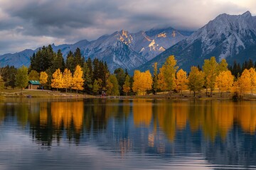 Autumn Trees By Quarry Lake Mountains