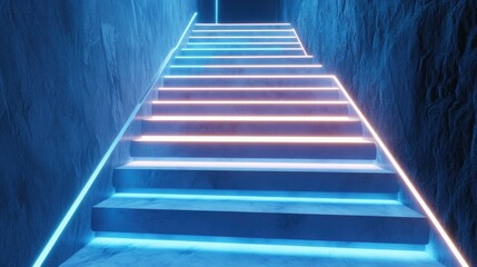 3D render of ascending stairs with illuminated lines