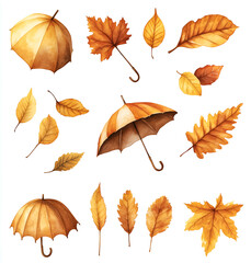 Obraz premium collection of autumn-themed clipart elements, such as leaves and umbrellas in various shades of orange and yellow, arranged on an isolated white background