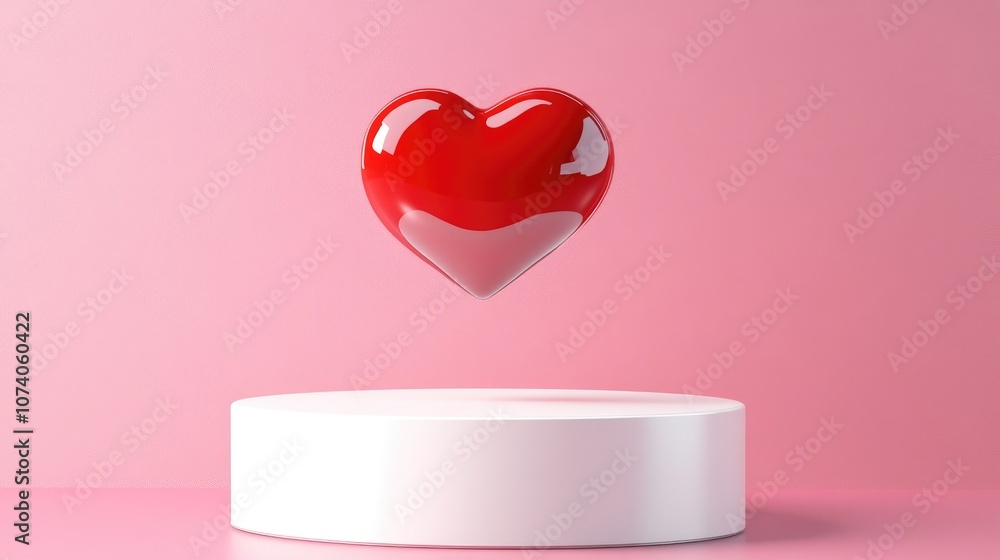 Poster 3D rendering of a red heart floating above a white cylindrical podium set against a pink background for a romantic theme
