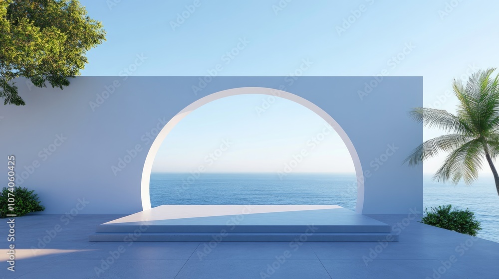 Poster Scene featuring geometric shapes an arch with a platform in natural daylight minimalistic landscape and a sea view 3D rendered background in a summery setting