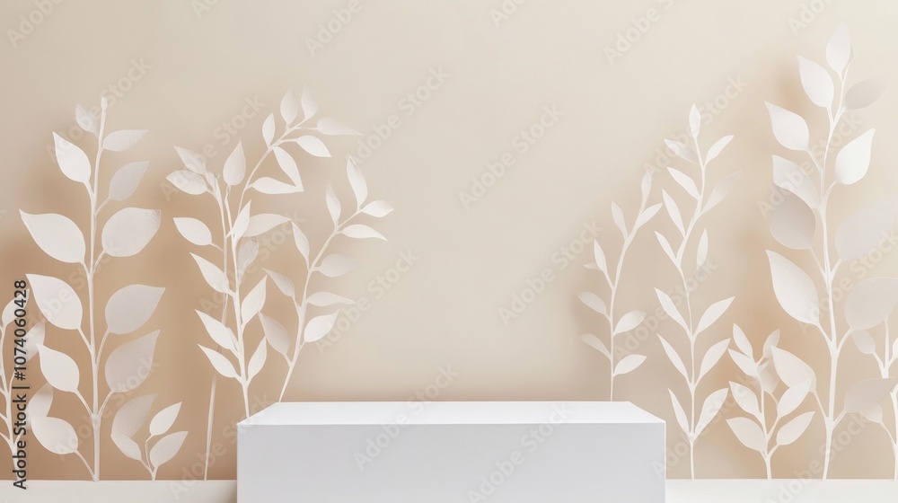 Aufkleber trendy pastel beige abstract nature scene featuring an empty white square podium adorned with handma