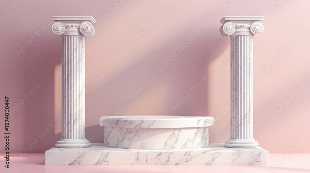 Aufkleber Empty podium display with marble columns in a Greek style featuring a pink studio interior realistic 3D rendering Minimalist backdrop showcasing pedestal design and antique architecture elements