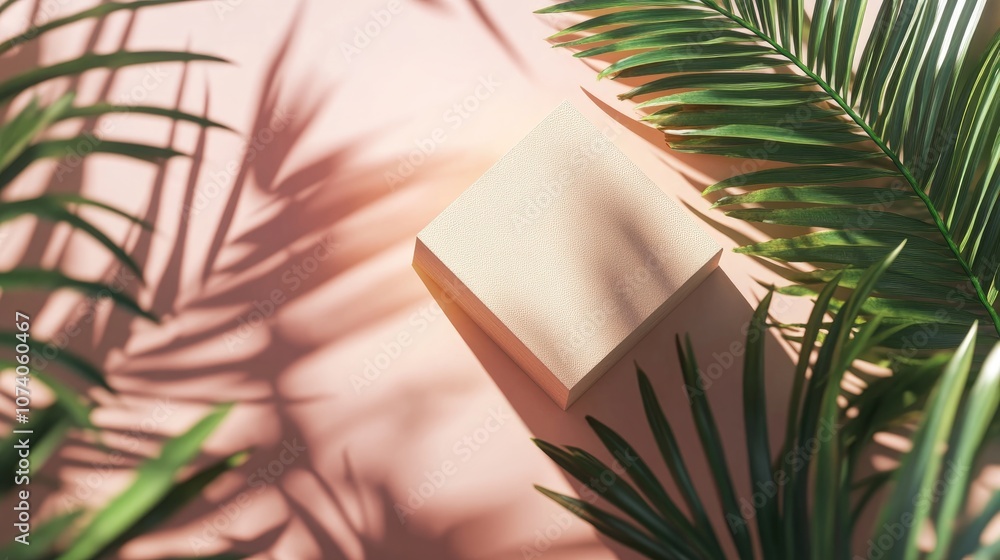 Poster empty natural cube box on a vibrant summer background with tropical palm leaves suitable for showcas