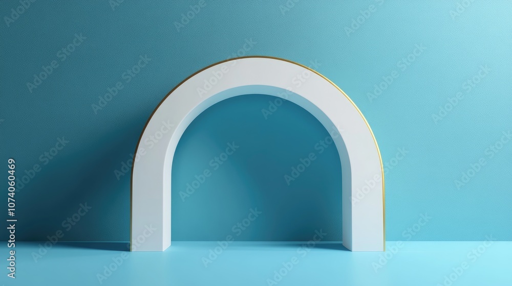 Aufkleber white stand featuring a golden arch against a blue background with shadow 3d rendering