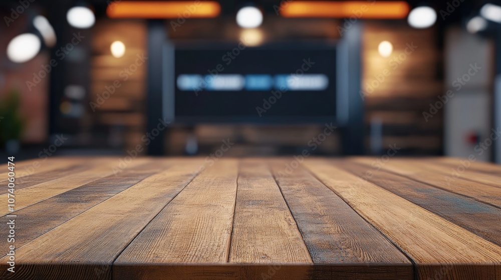Poster Wooden table and LCD backdrop in a news studio environment 3D rendering