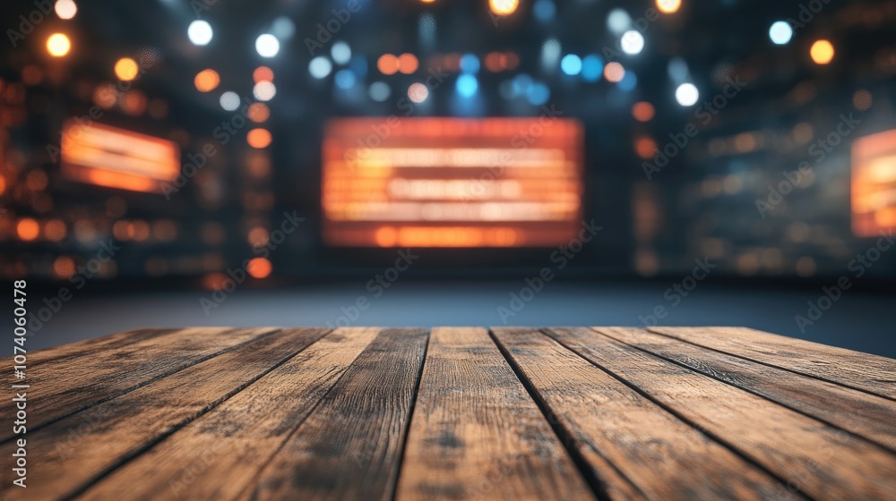 Poster Wooden table and LCD backdrop in a news studio environment 3D rendering