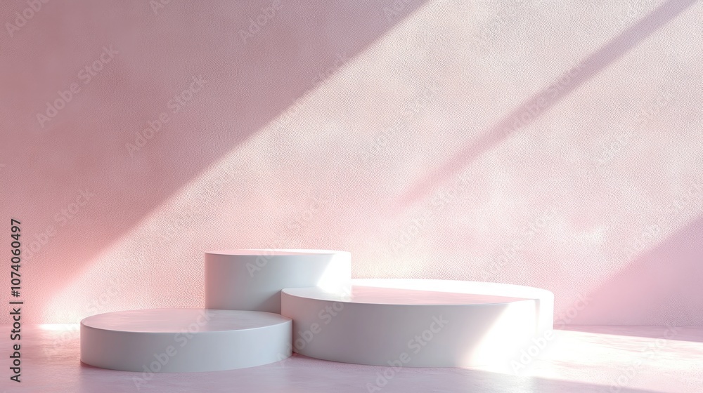 Poster 3D rendered geometric shapes with a white podium on the floor featuring abstract platforms for product presentation against a soft pink pastel background