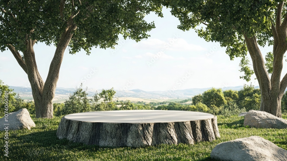 Poster 3D render of an abstract stage podium featuring a log tree design set on grassy terrain surrounded by large trees and a clear blue sky ideal for product display and mock up presentations