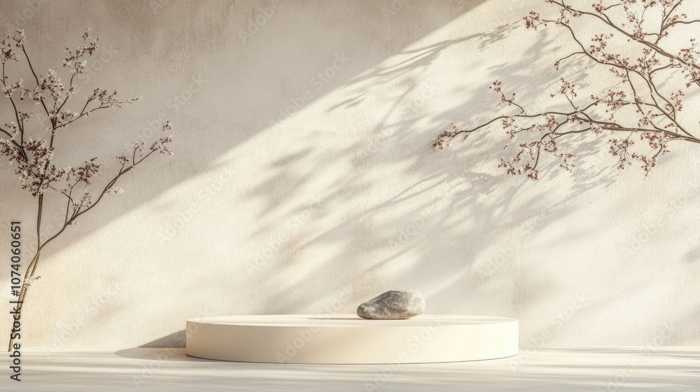 Aufkleber podium display on a soft pastel stucco backdrop abstract arrangement featuring a branch stone and sh