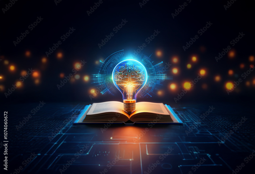 Poster a glowing light bulb with a tree inside sits on an open book on a futuristic circuit board backgroun