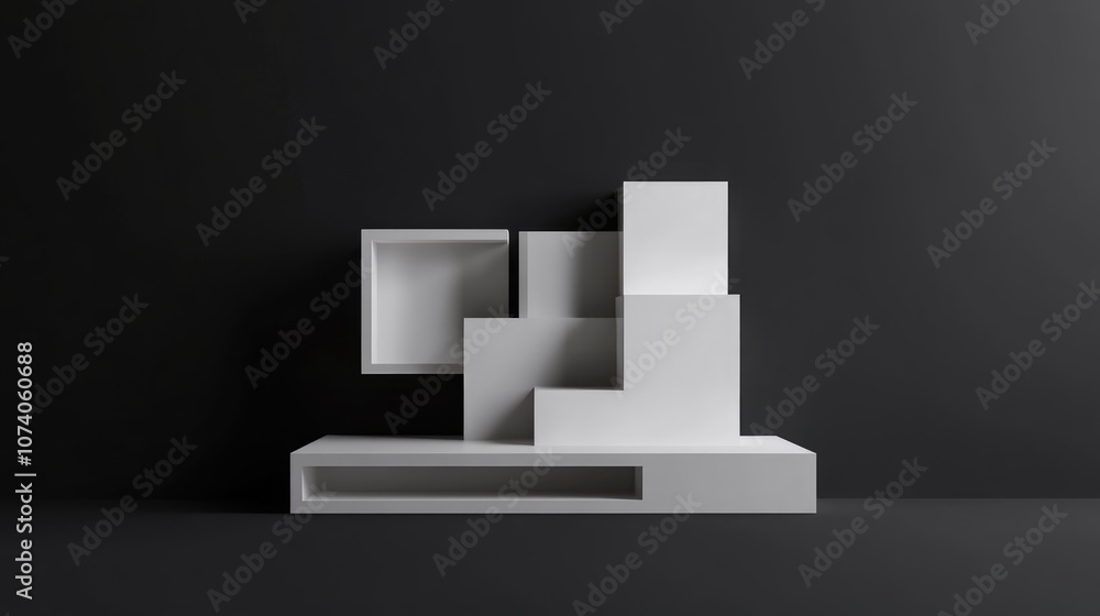 Poster Minimalistic white wood showcase featuring abstract geometric shapes on a black background Front view 3D rendering mockup