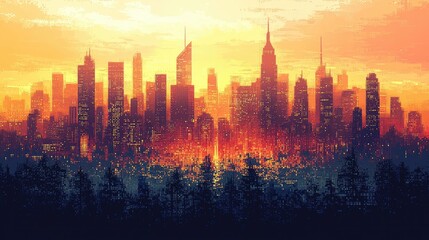 Fototapeta premium Silhouetted cityscape with a fiery orange sunset over a forest.