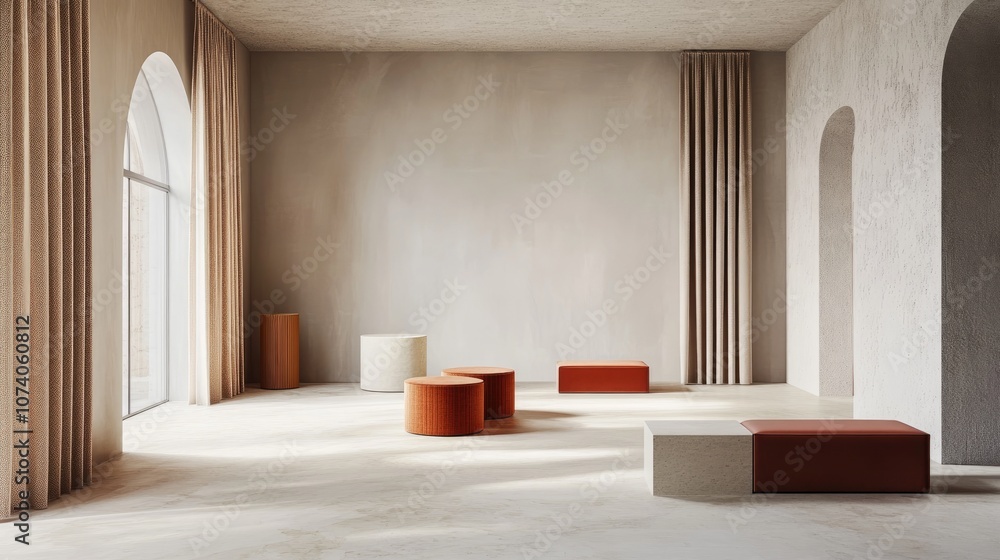 Aufkleber 3D rendering of a studio featuring geometric shapes and pedestals on the floor creating a platform for product presentation in an abstract minimal design