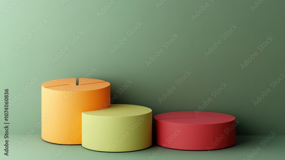 Poster abstract 3d render illustration of pie chart podiums on a green background