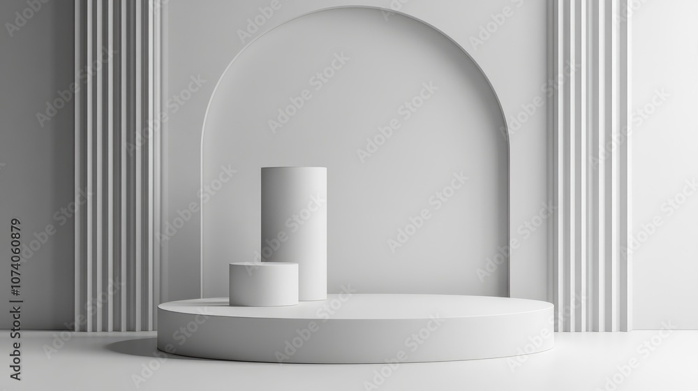 Poster Minimalist studio background featuring a 3D gray and white cylinder podium Abstract geometric shape illustration rendered in three dimensions
