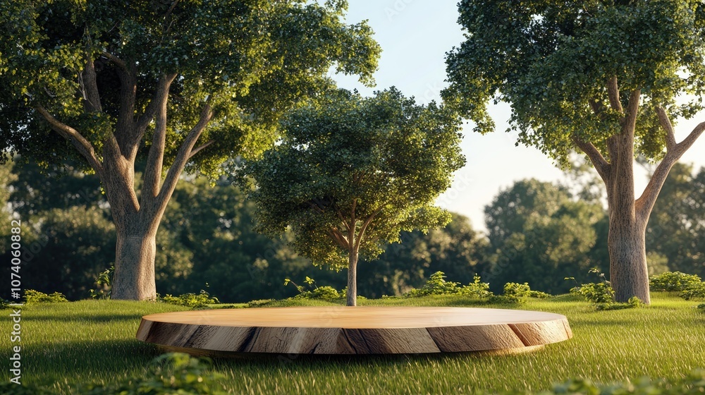 Aufkleber 3D render of an abstract stage podium featuring a log tree design set on grassy terrain surrounded by large trees and a clear blue sky ideal for product display and mock up presentations