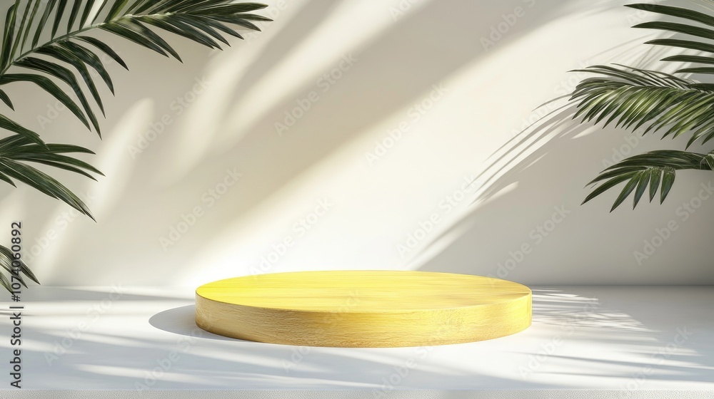 Poster yellow wooden podium in a clean white environment with leaf shadows background for product presentat