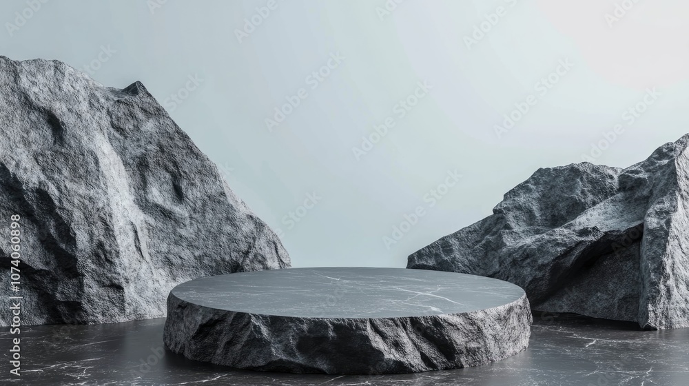 Poster 3D black stone podium for product display and packaging presentation Mock up scene background for cosmetics 3D stage rendering