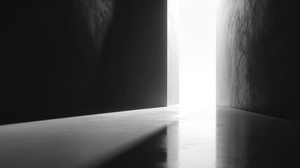 Obraz premium 3D render of an abstract black geometric background featuring bright white light streaming through a small opening in a dark space resembling a corridor or tunnel A futuristic portal is depicted a