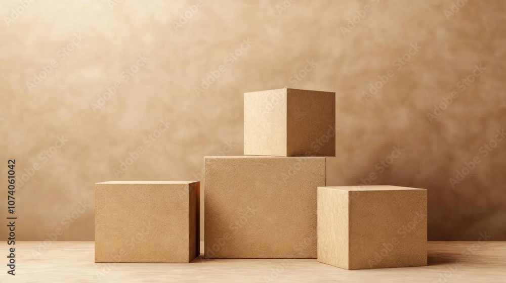 Leinwandbilder 3d brown creamy cube and box podium in a minimal studio background abstract geometric shape illustra