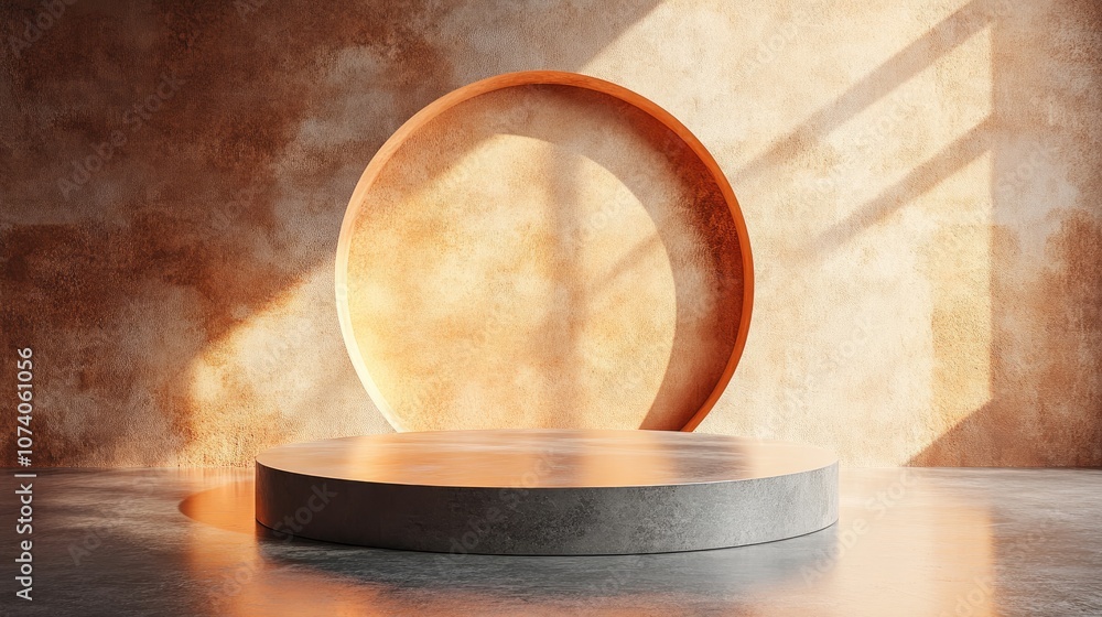 Poster round podium featuring unique geometric design 3d rendering digital artwork