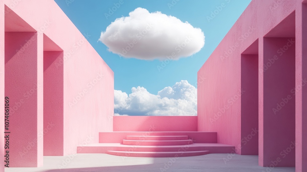 Poster 3D rendering of an abstract urban minimal background featuring a white cloud hovering over pedestal steps showcasing modern architecture and pink stylish wallpaper