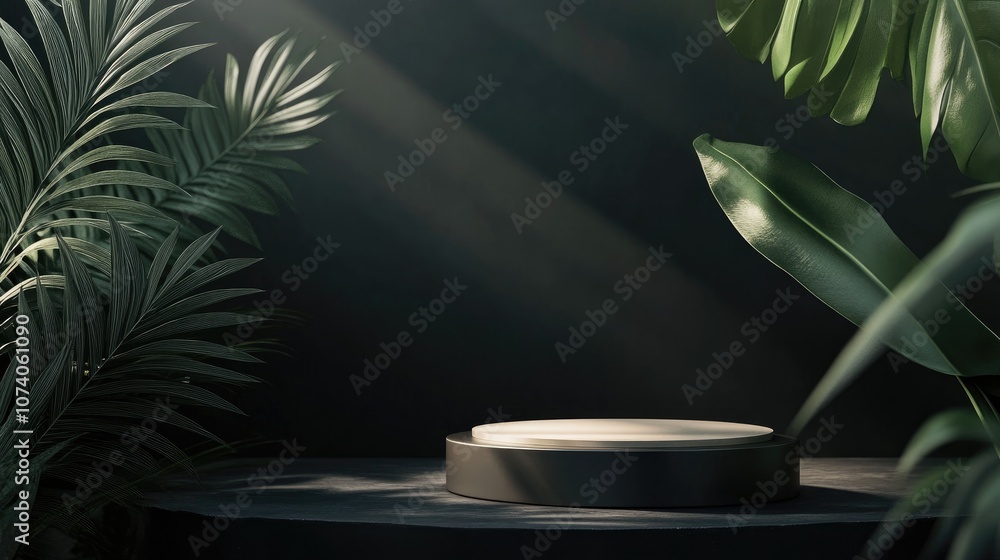 Poster 3d rendering of a podium scene featuring a geometric platform with a leaf design ideal for showcasin
