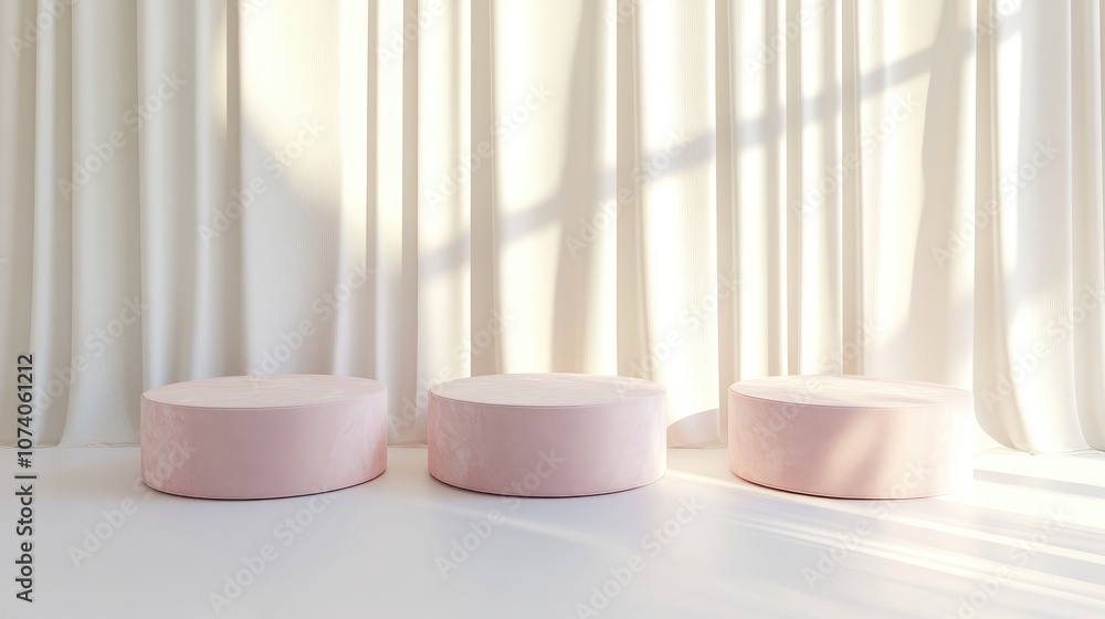 Poster three empty glossy pink stands with an abstract white geometric background podium and platform for s