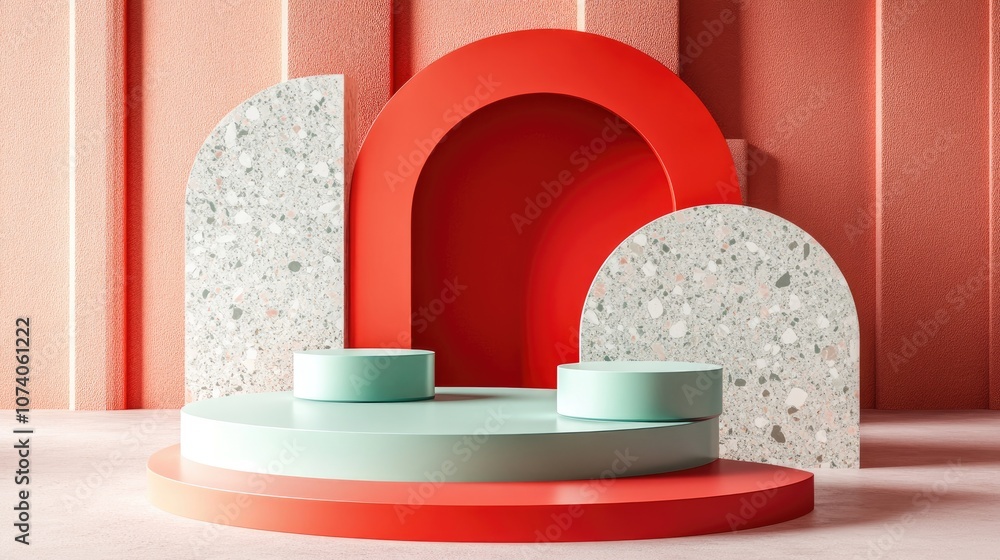 Poster Pastel colored podium setup featuring geometric shapes in the background for product display 3D rendering