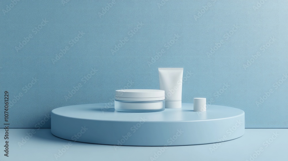 Poster 3d render of a podium backdrop in blue hues designed for showcasing cream products in cosmetics