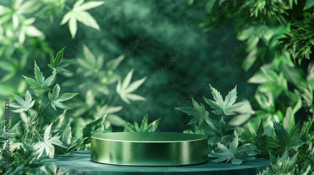 Poster green metallic podium stage background featuring maple leaves ideal for spring season presentation 3