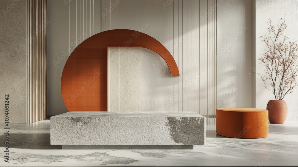 Aufkleber 3D rendering studio featuring geometric shapes and a podium on the floor designed for product display