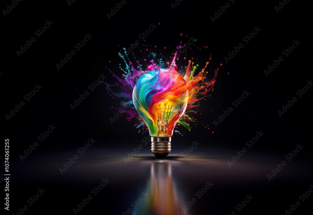 Poster a light bulb explodes with a burst of colorful paint against a black background.