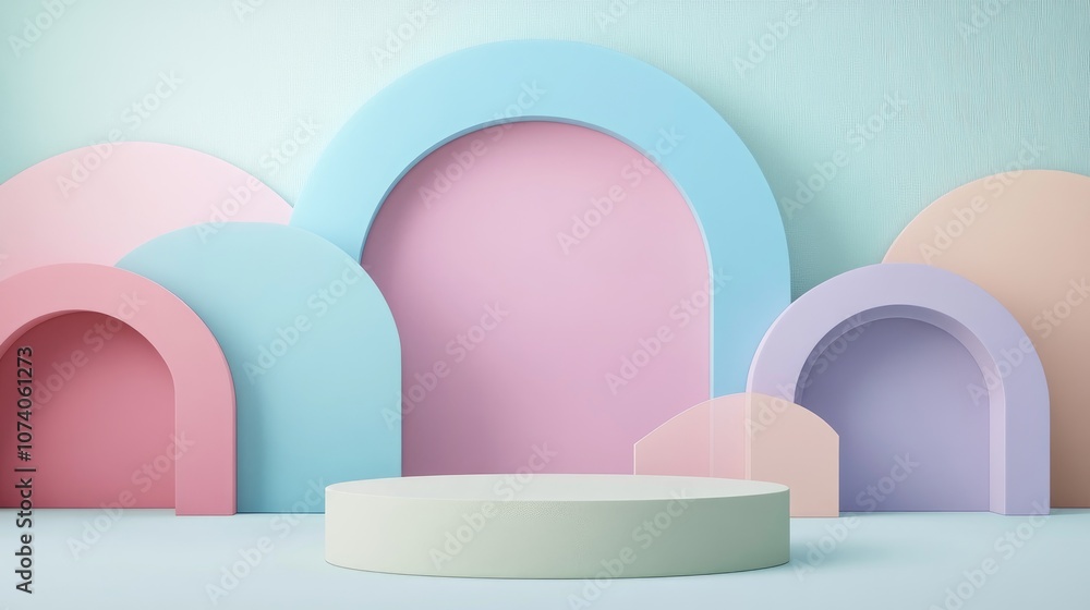 Poster abstract geometric shapes in soft pastel colors minimal design for product display podium 3d render 