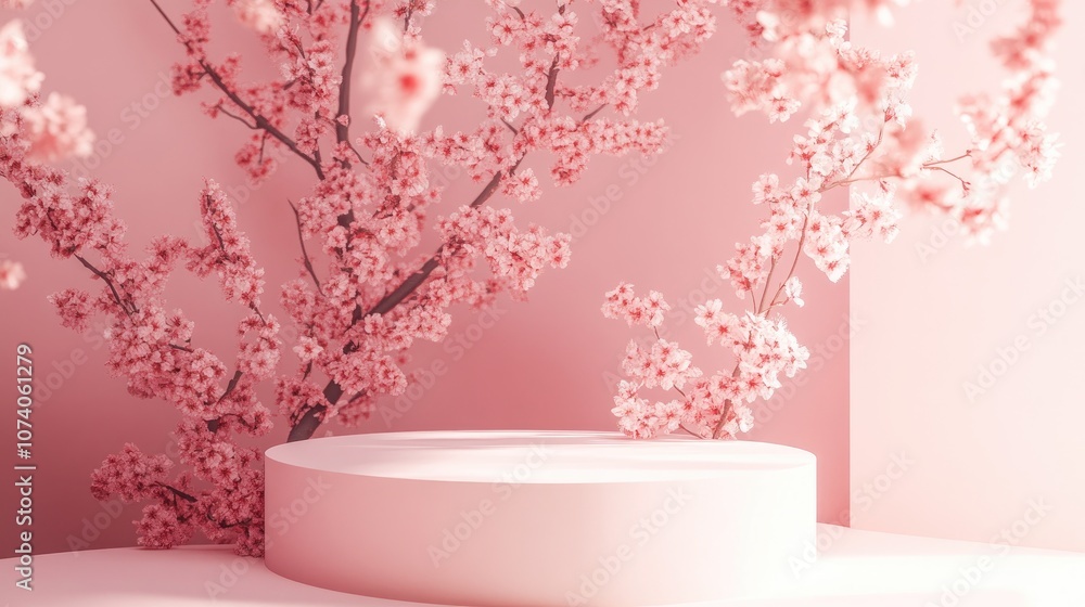 Poster 3D rendering of a product stand featuring cherry blossoms in isolation