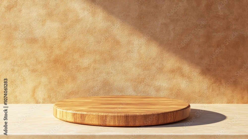 Poster 3d rendering of a rustic wooden podium on a beige floor with a warm earthen wall background ideal fo
